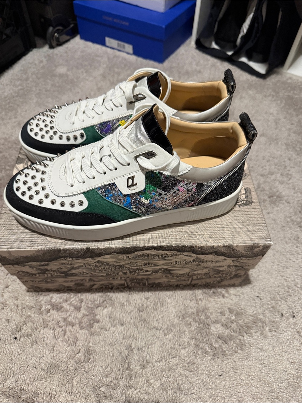 Christian Louboutin White, Black and Green Sequin-Accent Low-Top Sneakers - Picture 2 of 10